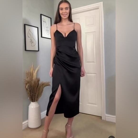ZARA Black MIDI STRAPPY CAMISOLE DRESS GATHERING SLIT BLACK Size Small - Picture 1 of 9